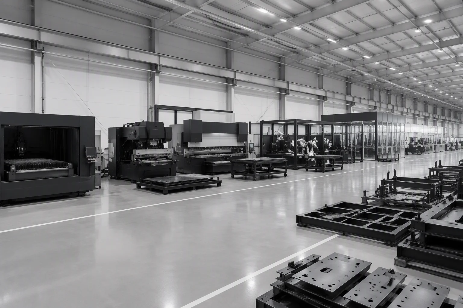 Wide view of the RackForge sheet metal line with laser cutting and bending bays