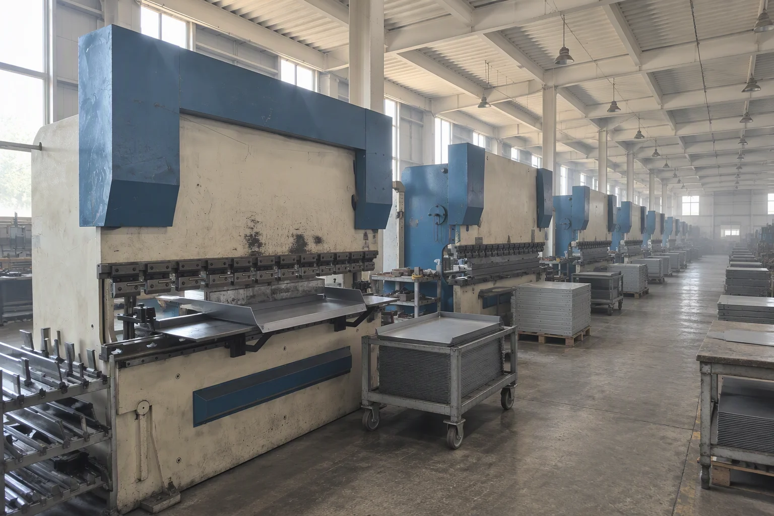 Wide view down the production workshop: the machine row receding toward the far wall, the nearest press brake with a formed panel on its bed, stacked steel sheet beside it