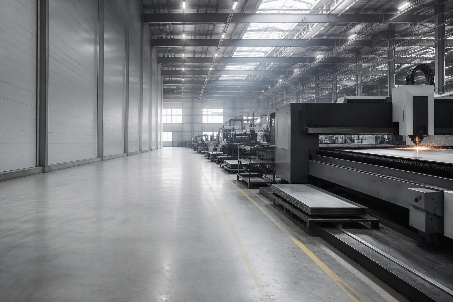Wide view of a sheet metal workshop with laser cutting and bending bays