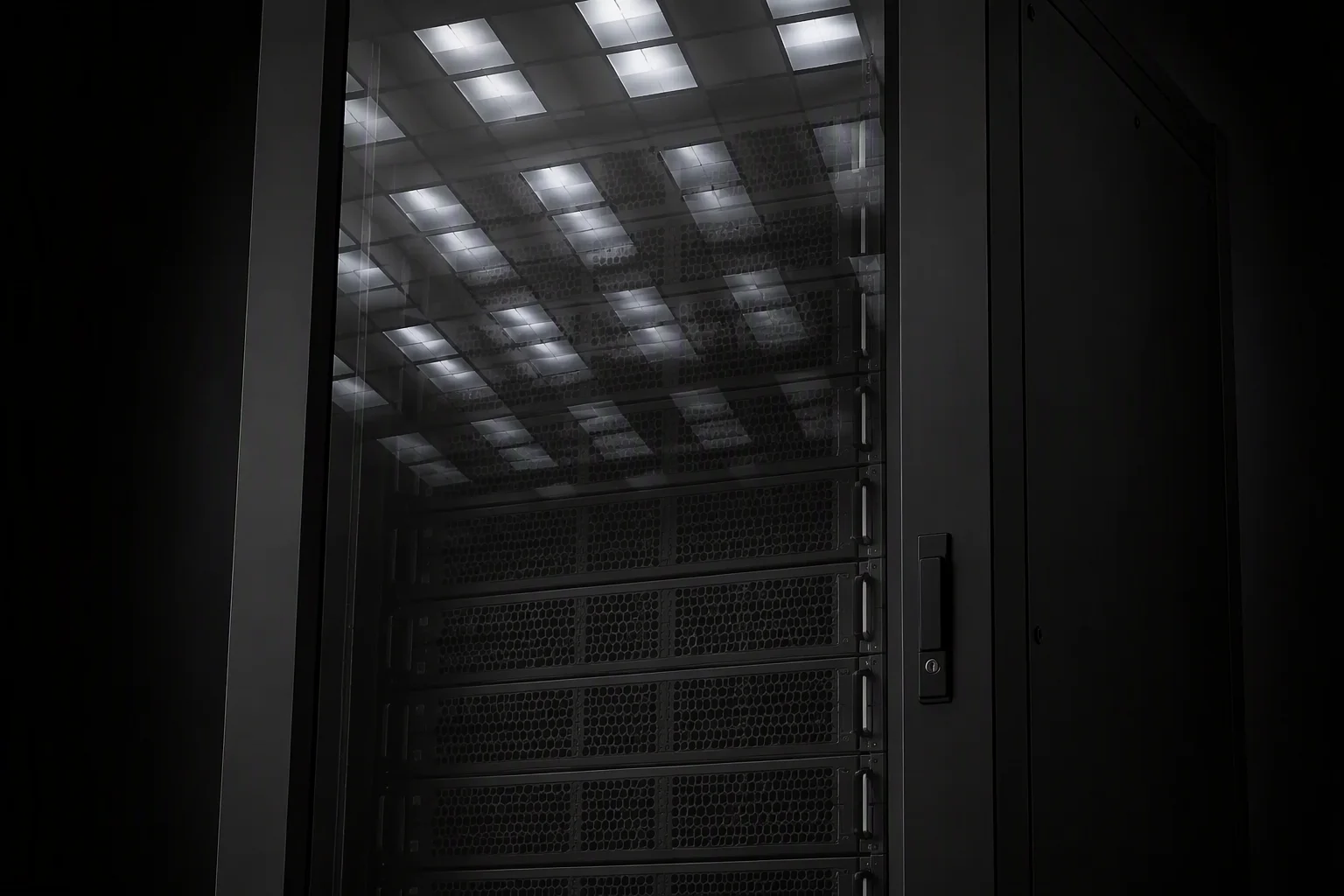 Data center aisle with rack rows and glowing power readouts at dusk