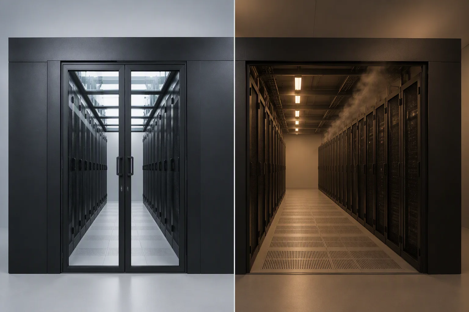 Glass cold-aisle containment doors closing an aisle between two server rack rows