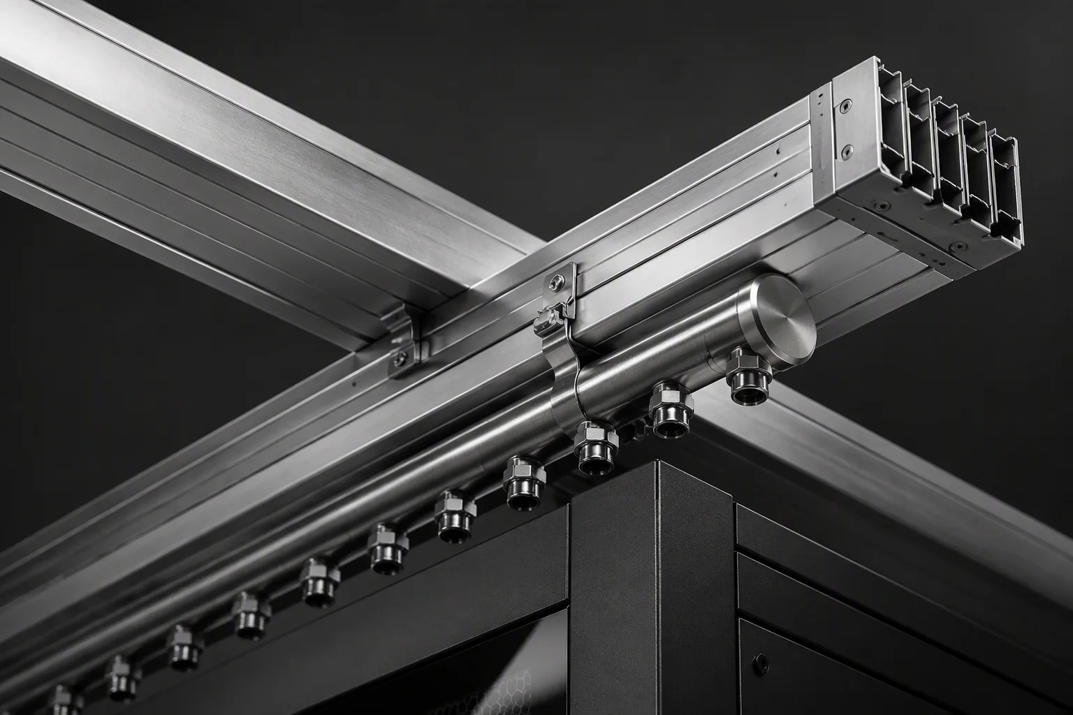 Overhead busbar duct crossing coolant manifold pipes above server cabinets