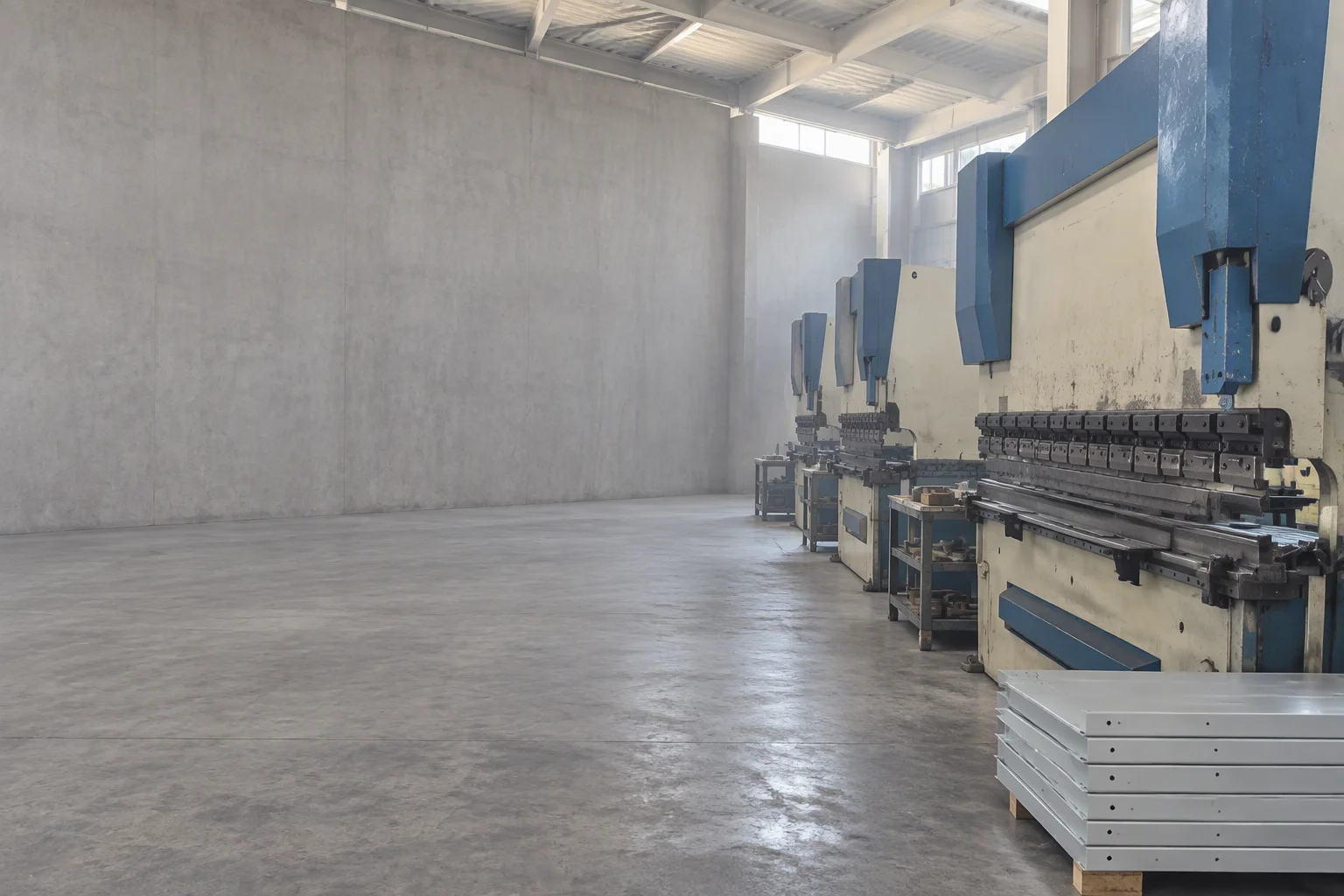 The press-brake row in the sheet-metal workshop, formed light-grey panels staged on the floor beside the nearest machine