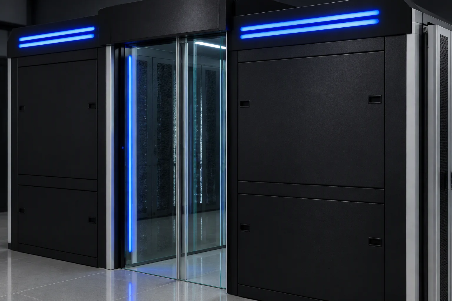 A close crop of one containment end: two dark panels meeting, the blue LED strips across both fascias and the glass door leaf between them