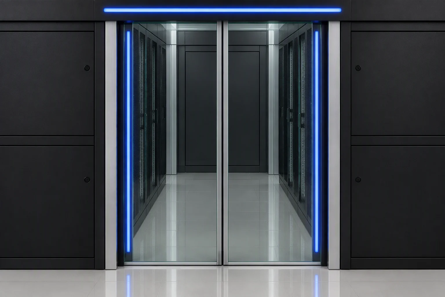Close view of the containment end: two sliding glass leaves meeting at the centre stile under a blue LED fascia