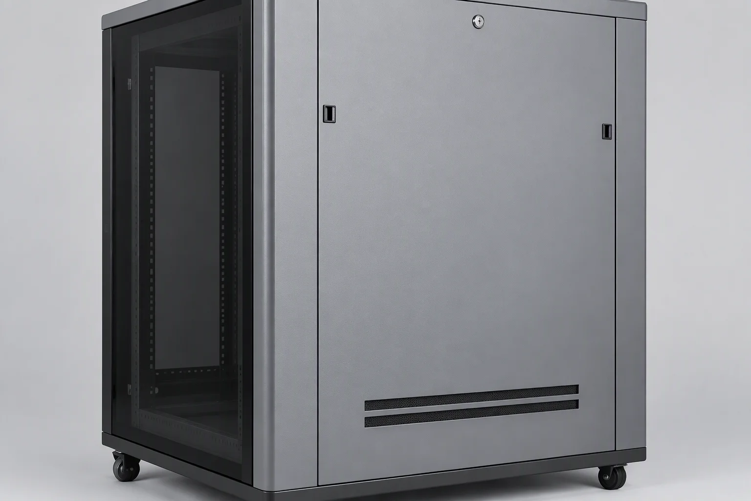 One light-grey network cabinet with a solid front door and a tinted glass side panel