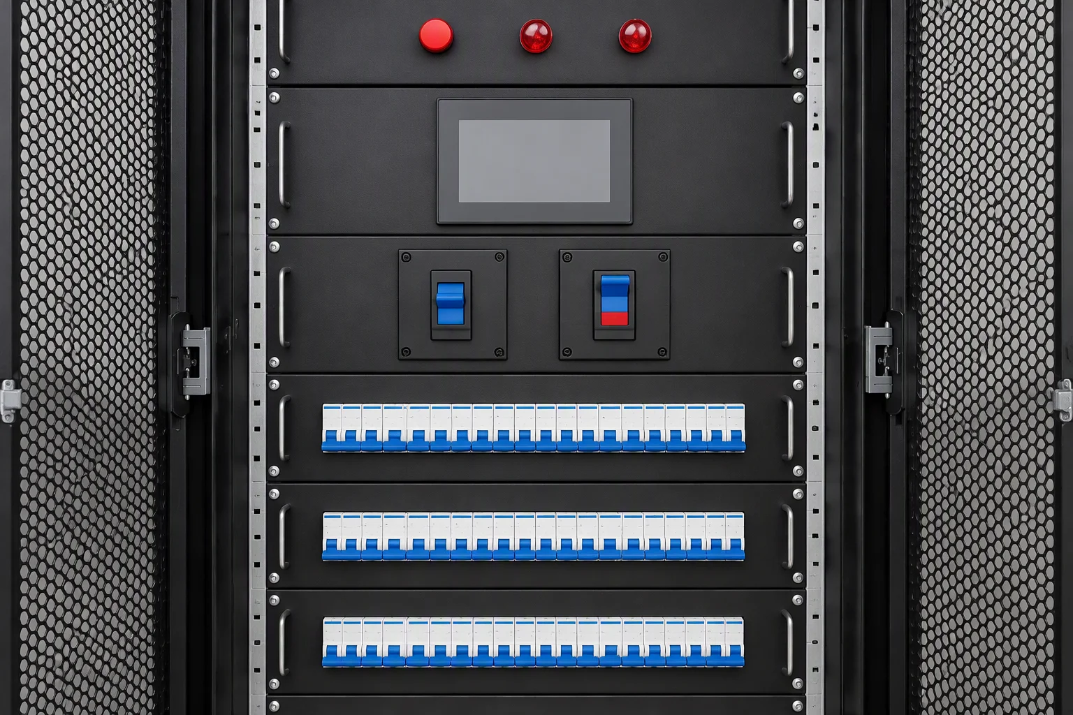 Rows of miniature breakers on blue DIN rail inside an open dark distribution cabinet