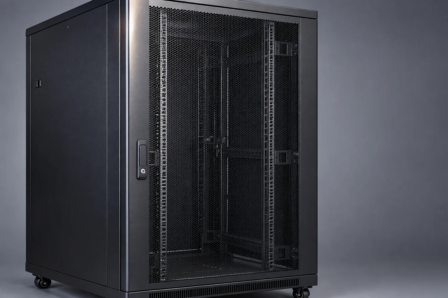 One 42U black server cabinet with its door closed, seen slightly from the left
