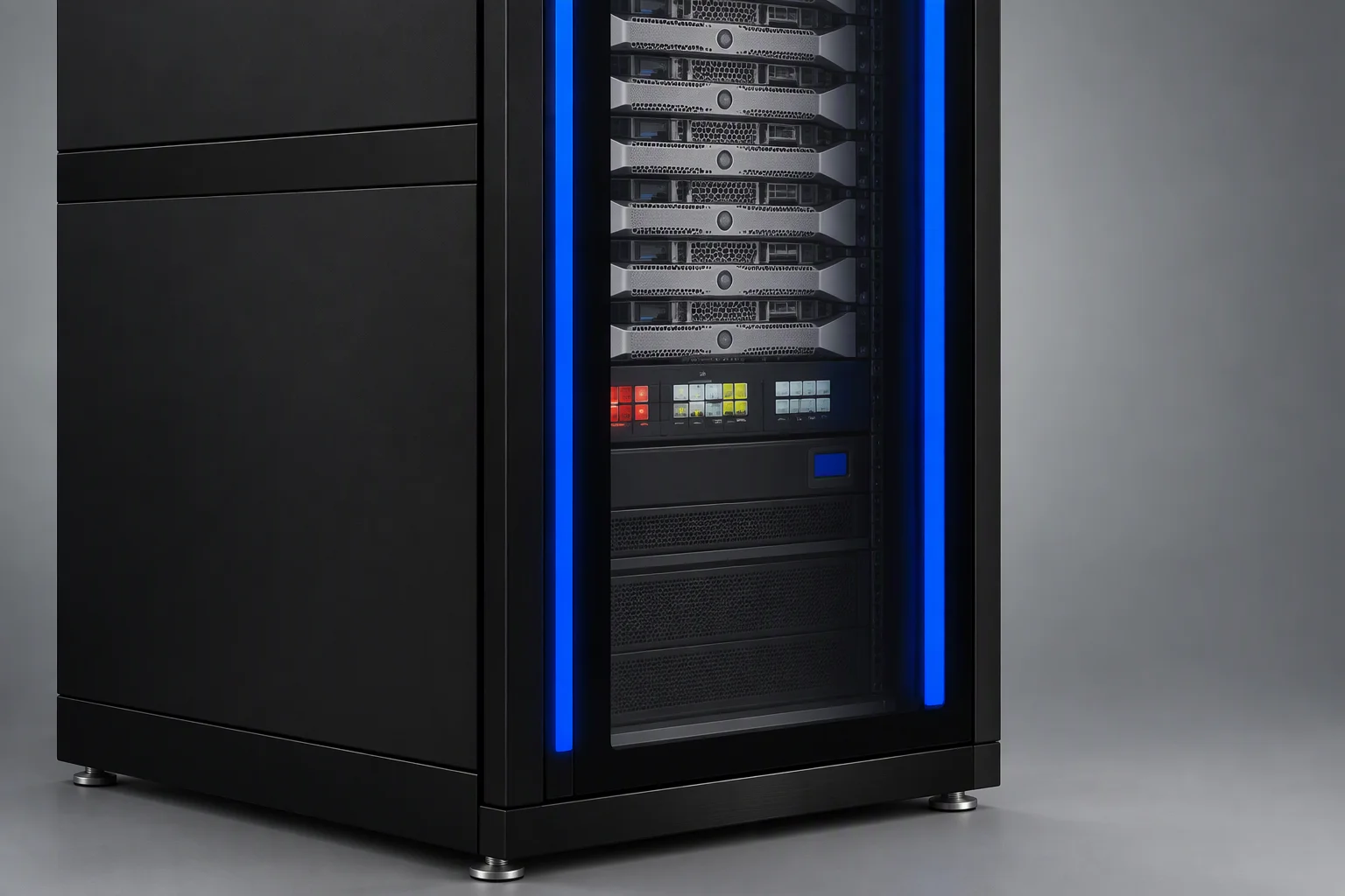 One intelligent cabinet with blue LED strips down both front edges and a glazed door band