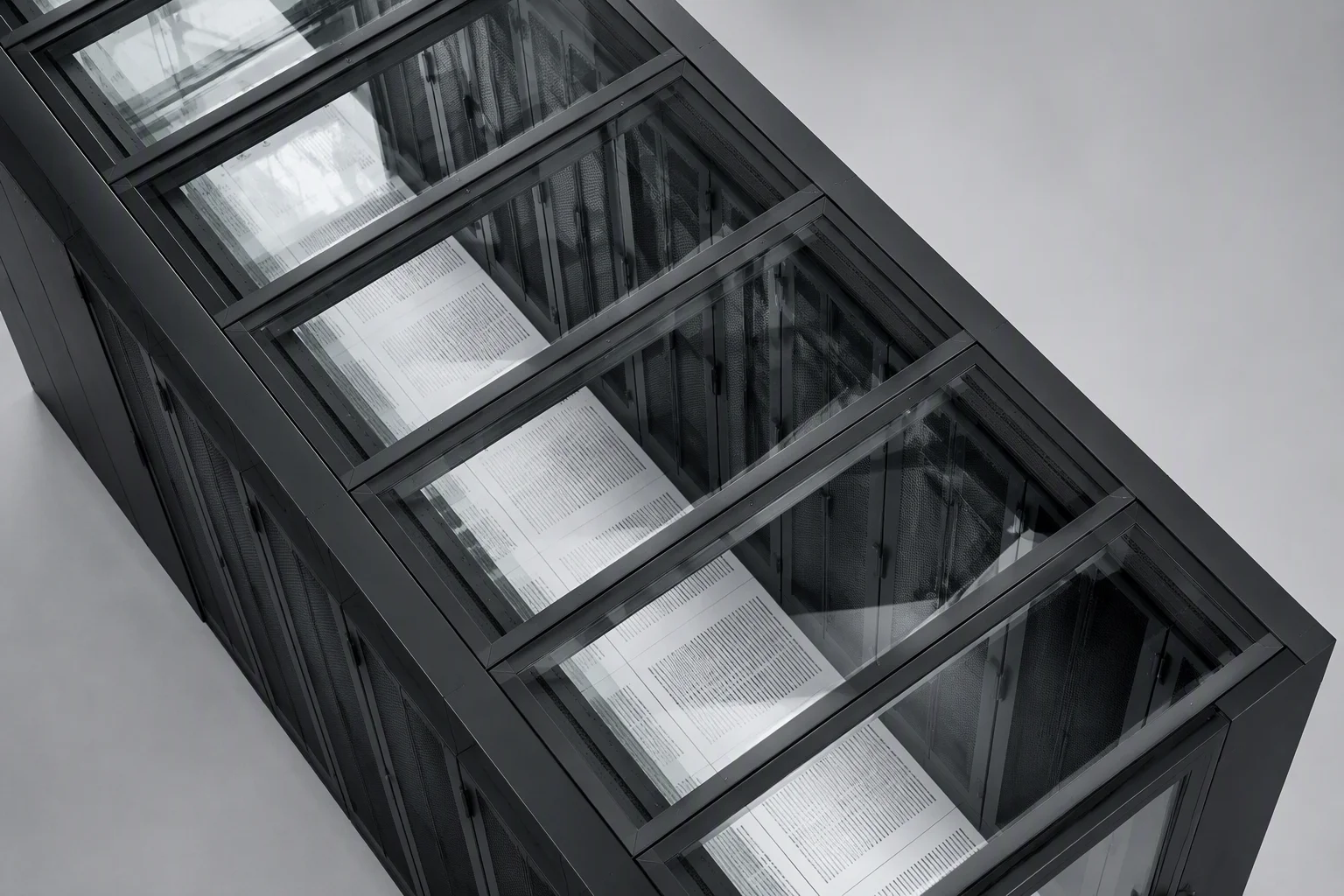 Cold aisle containment with glass sliding doors and roof panels seen from inside the aisle