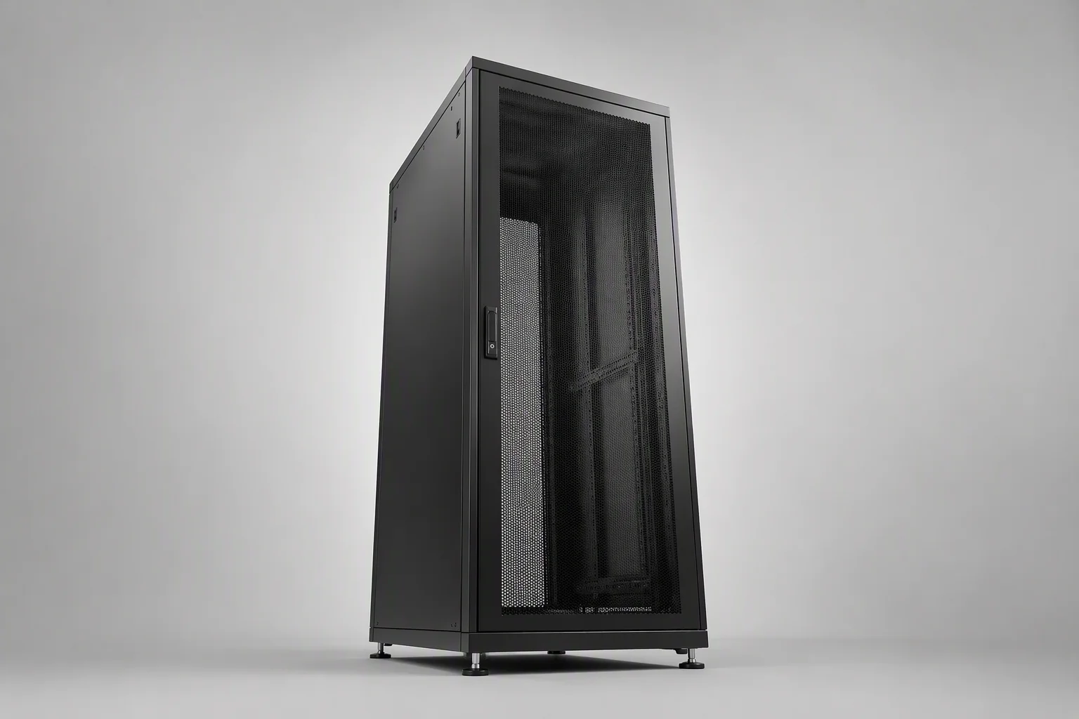 Row of standard black AI racks with mesh front doors in a cold-white hall