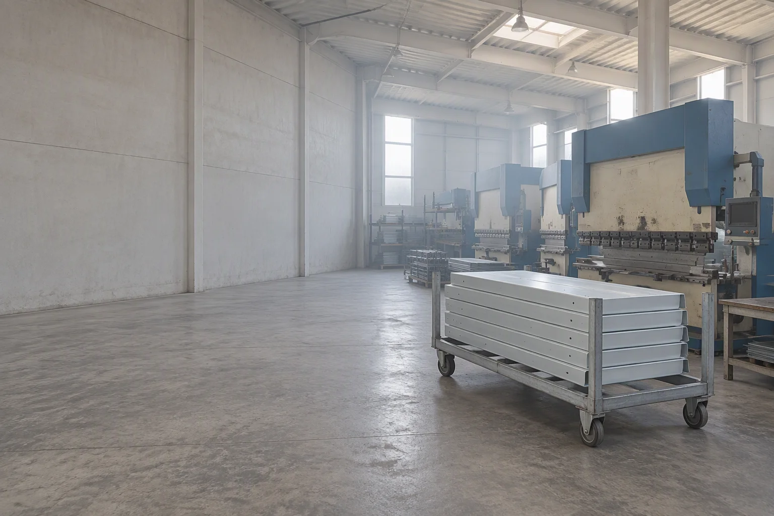 Deep view of the sheet-metal workshop: a galvanised trolley carrying formed panels, press brakes standing behind it in the haze