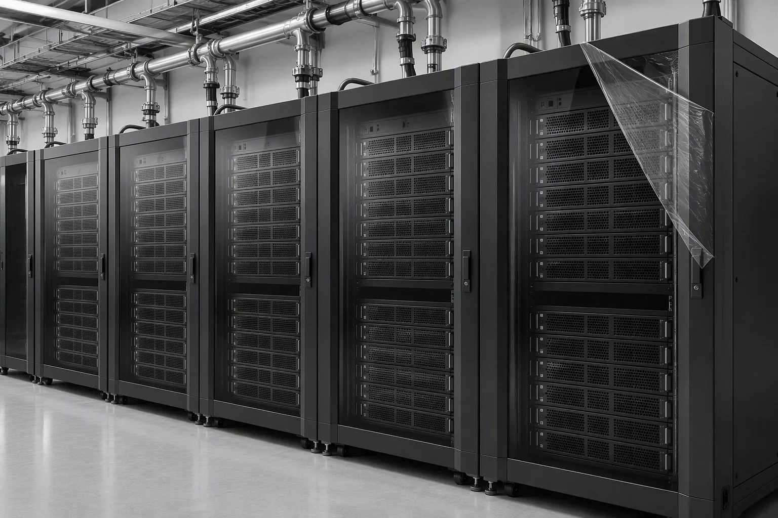 AI cluster hall with liquid-cooled rack rows and overhead busbar and coolant runs