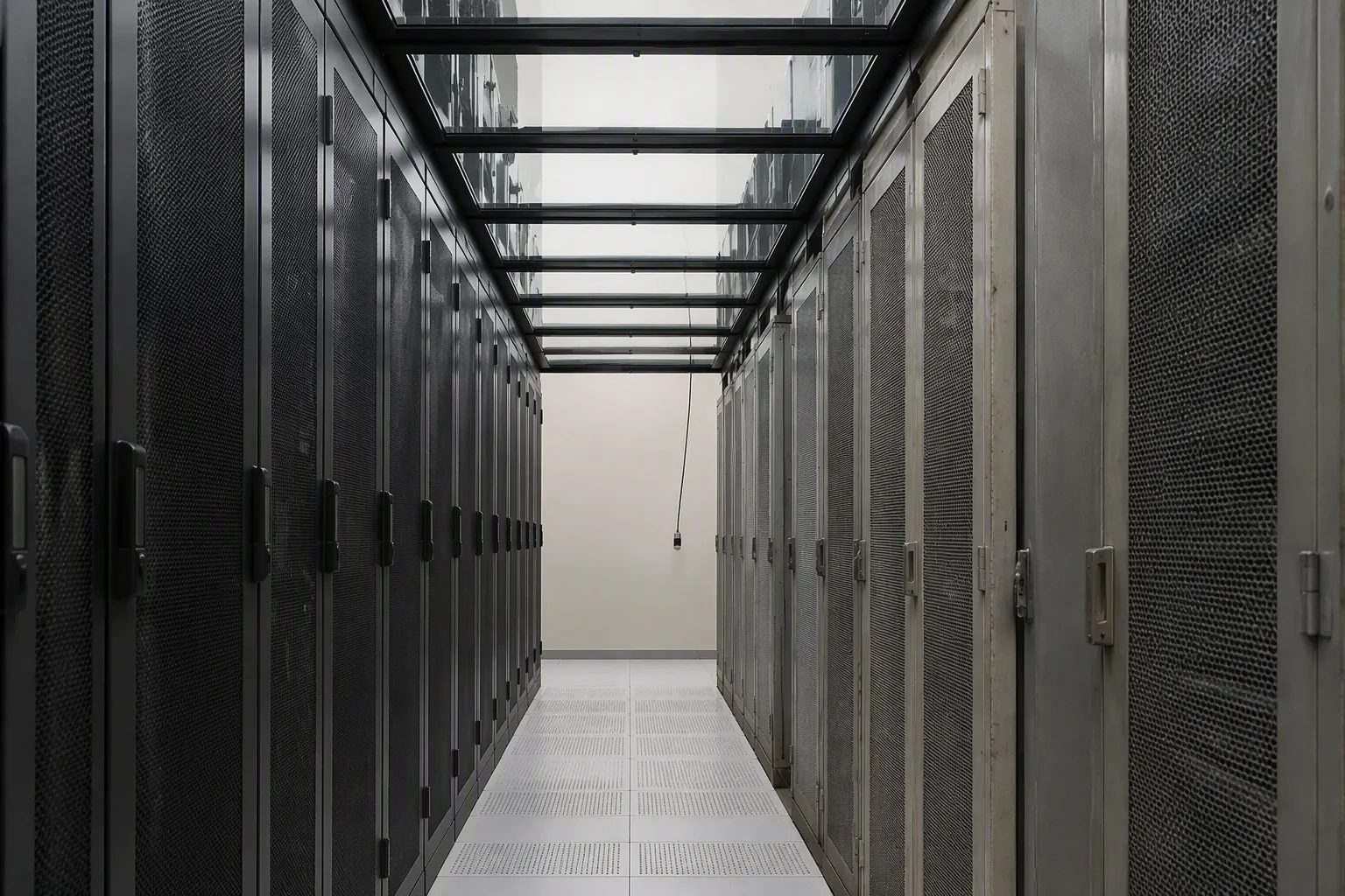 Colocation hall with glass cold aisle containment doors and roof panels between live rack rows