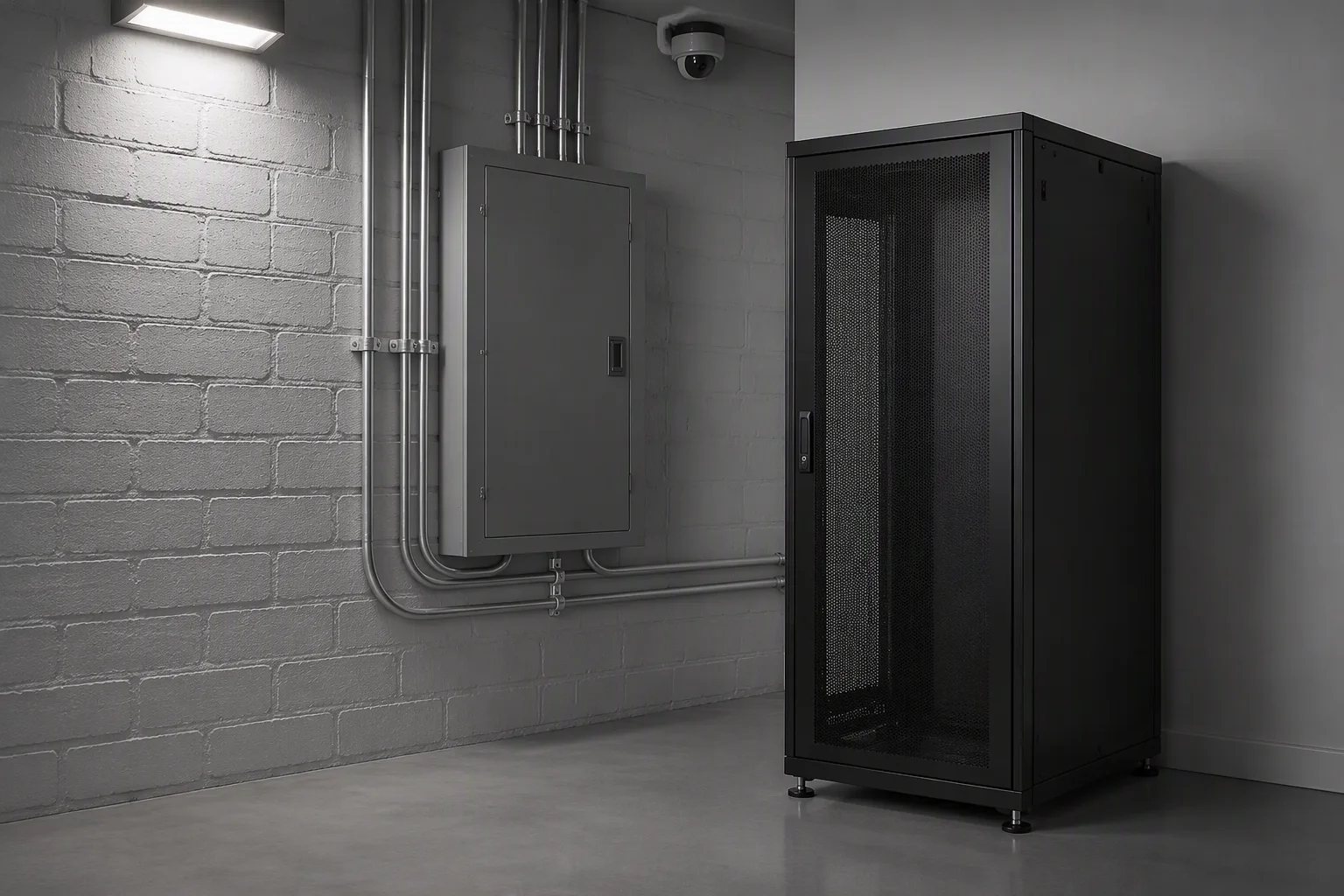 Edge micro-site room with compact sealed racks and narrow containment aisle