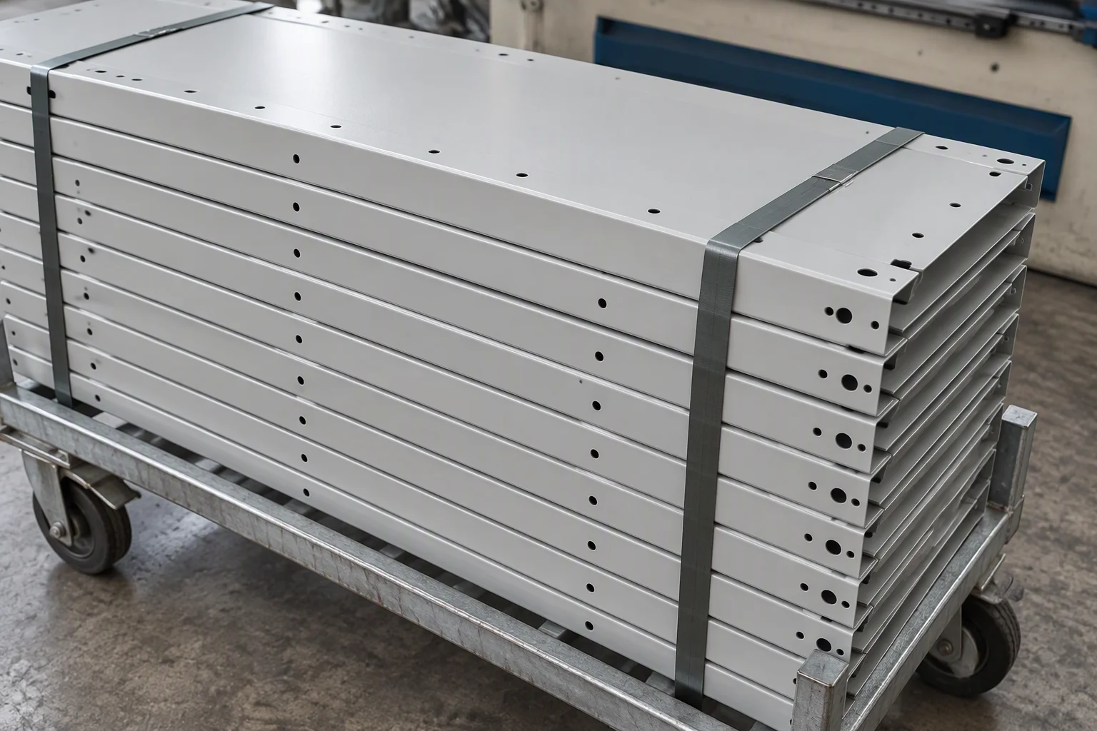 Finished formed and punched light-grey panels stacked in banded bundles on a galvanised trolley, the punched hole patterns lining up across the stack.