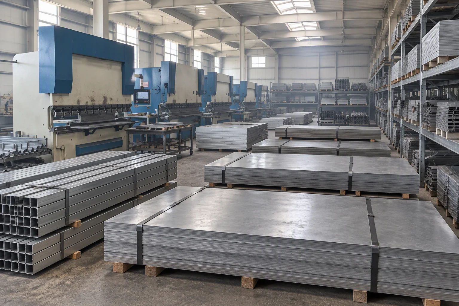 Wide view across the material store: banded stacks of steel sheet and bundles of section on the left, the machine line standing behind them and the far wall closing the frame.