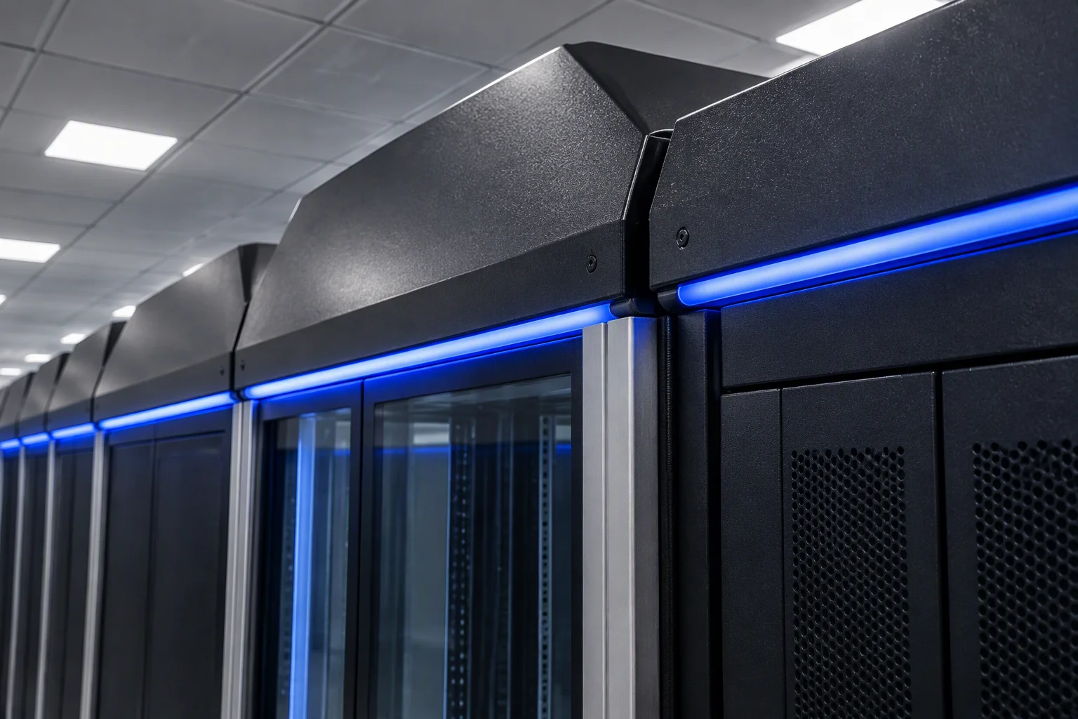 Along the aisle ceiling line: flip-open roof panels lapping the cabinet tops, with the LED fascia glowing along the seam
