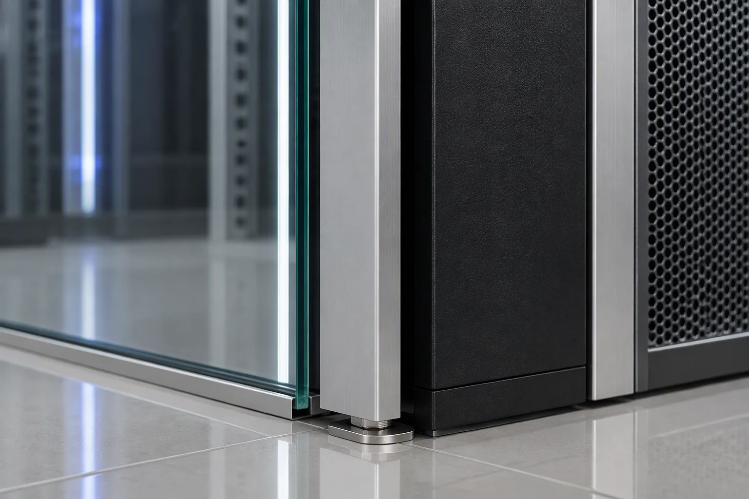 Close view of the row-end joint: the aluminium frame upright, the edge of the sliding glass leaf parked against it, the shadow gap to the cabinet side panel and the adjustable floor fixing at the base.