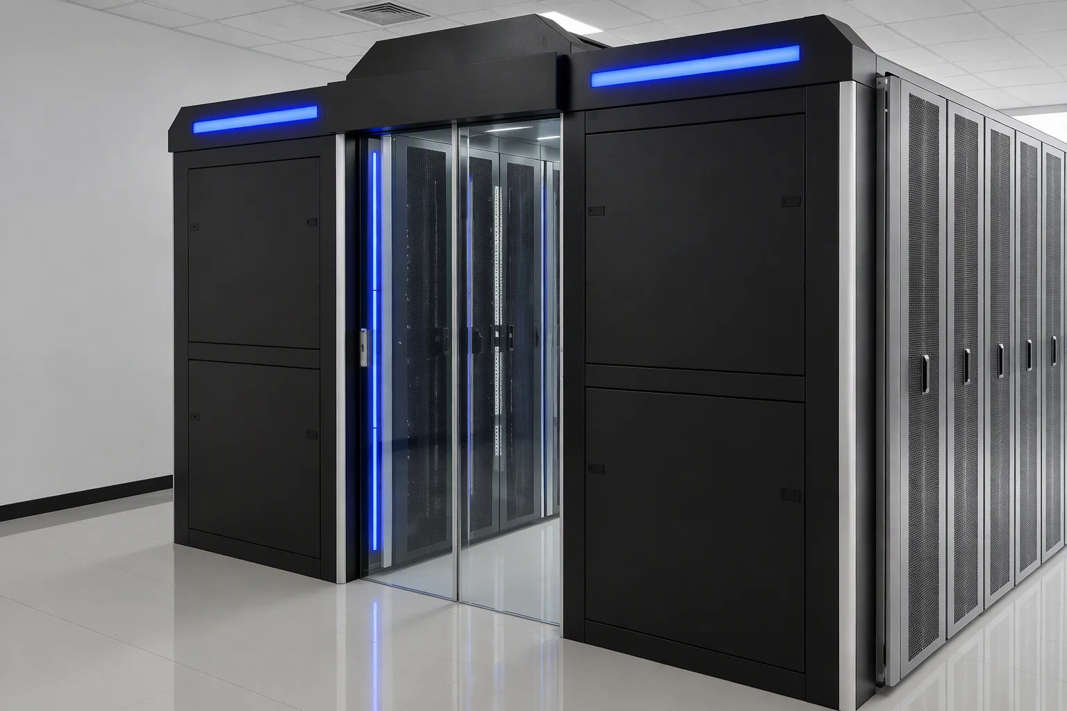Prefabricated micro-modular room as delivered: one single-row cabinet with its own containment standing against a plain wall on a freshly finished floor, the row complete from plinth to roof panel.