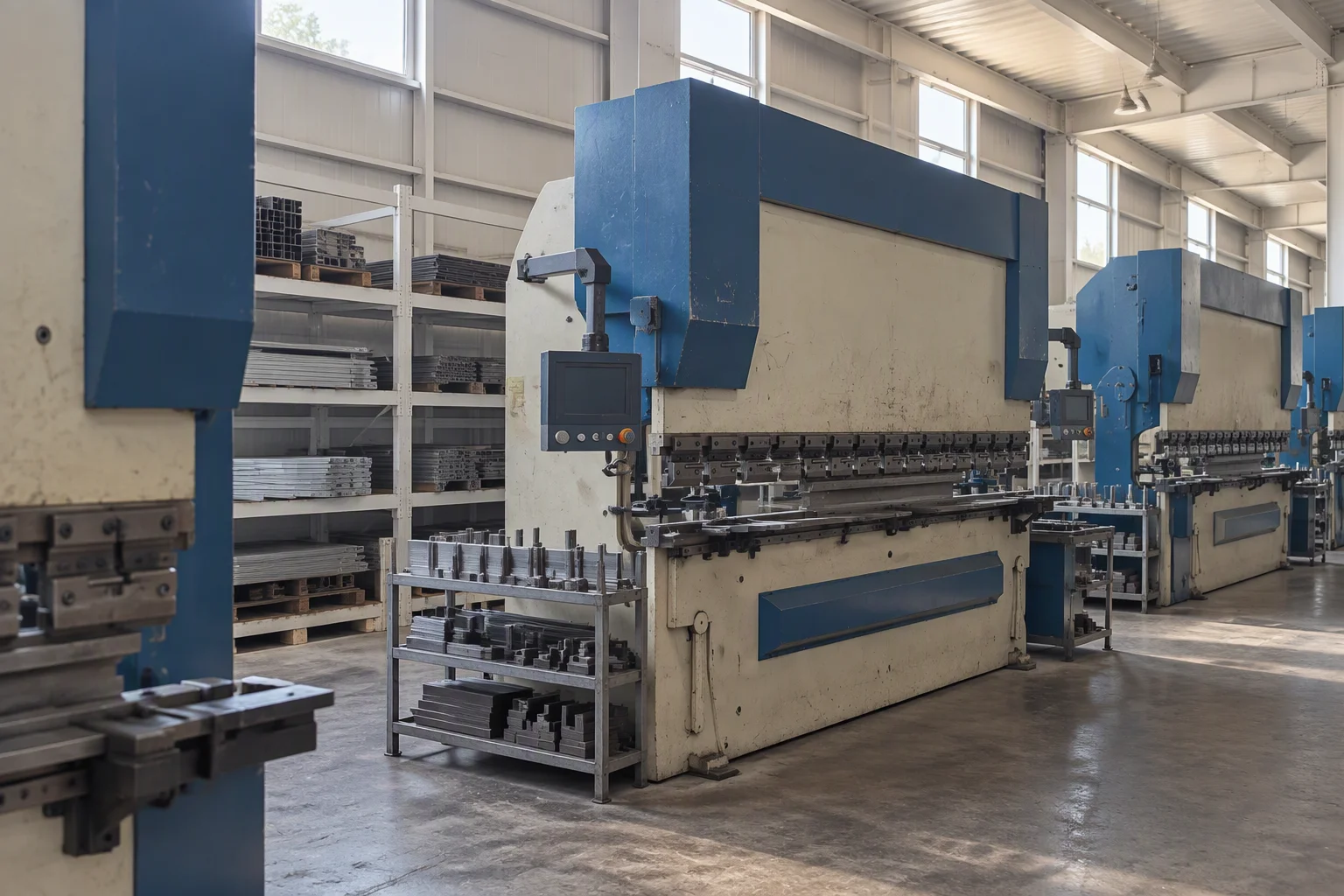 The press-brake row on the fabrication floor, the second machine standing complete in the middle distance past the flank of the first