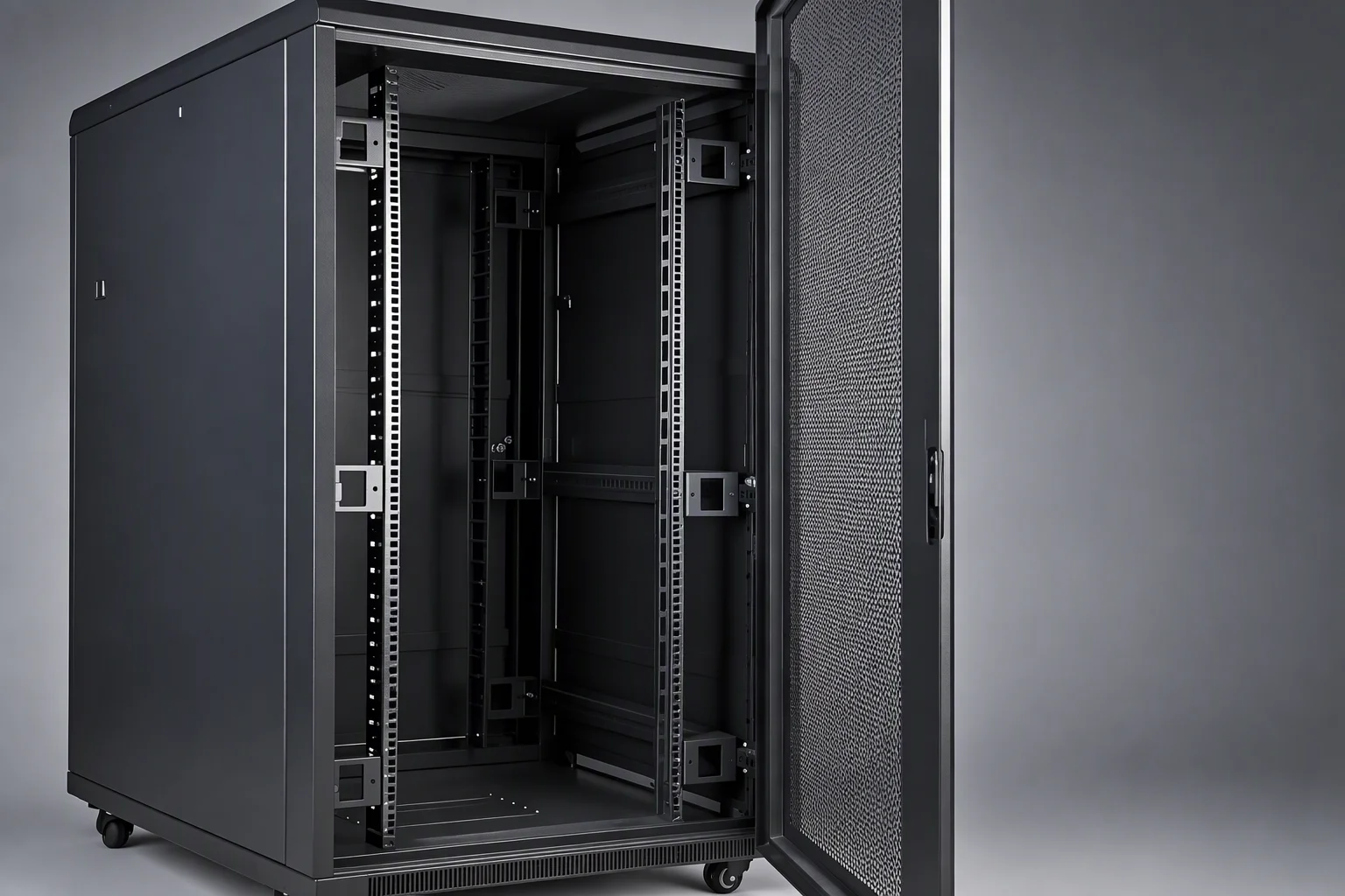 One 42U black floor-standing server cabinet in three-quarter view with the front door swung open, the 19-inch rails and their U-slot pattern visible inside
