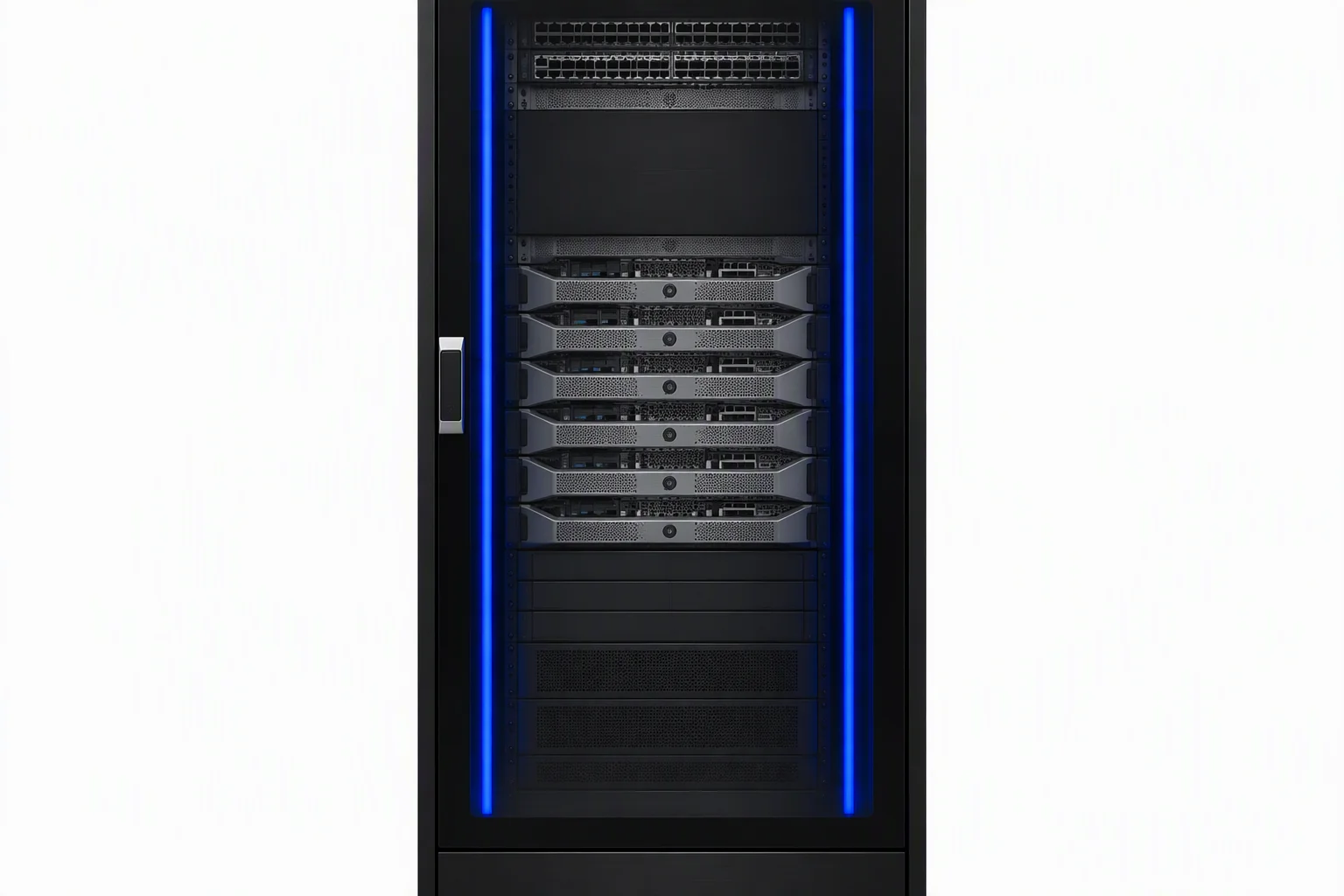 One single-row intelligent cabinet facing the camera, blue LED strips down both front edges and a glazed door band