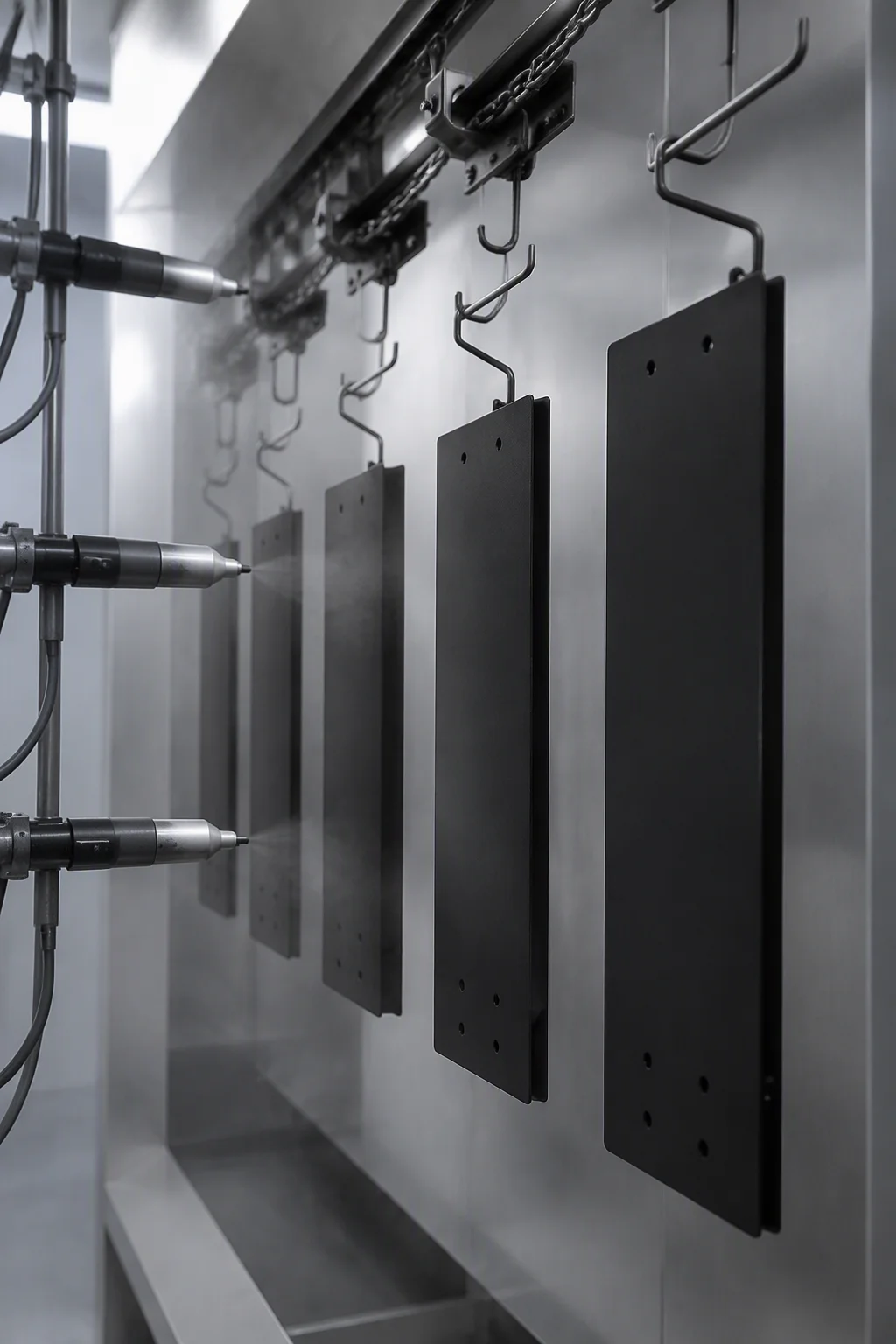 Electrostatic powder coating line with racks hung for spraying