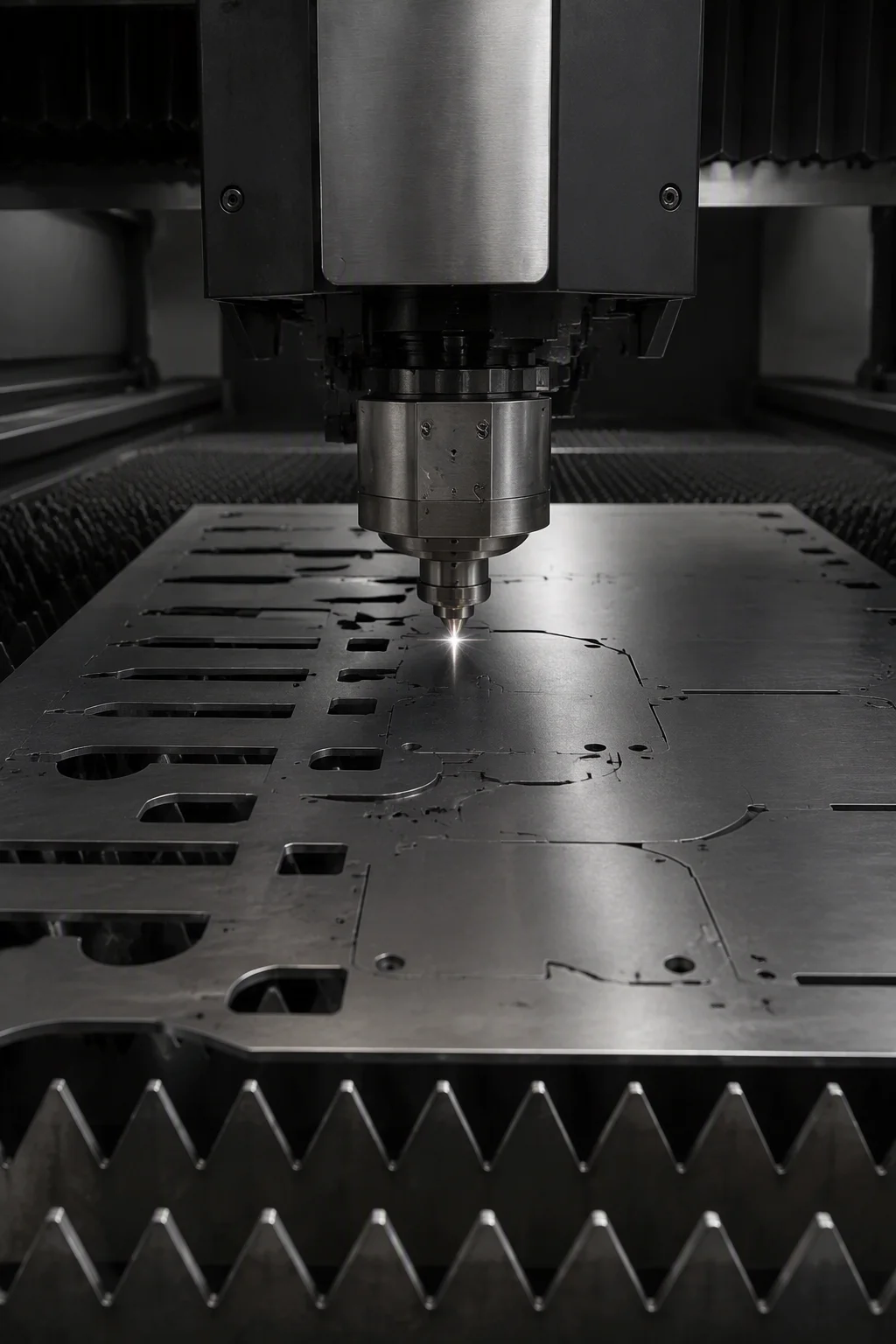 Fiber laser cutting head working a sheet of steel in the laser bay