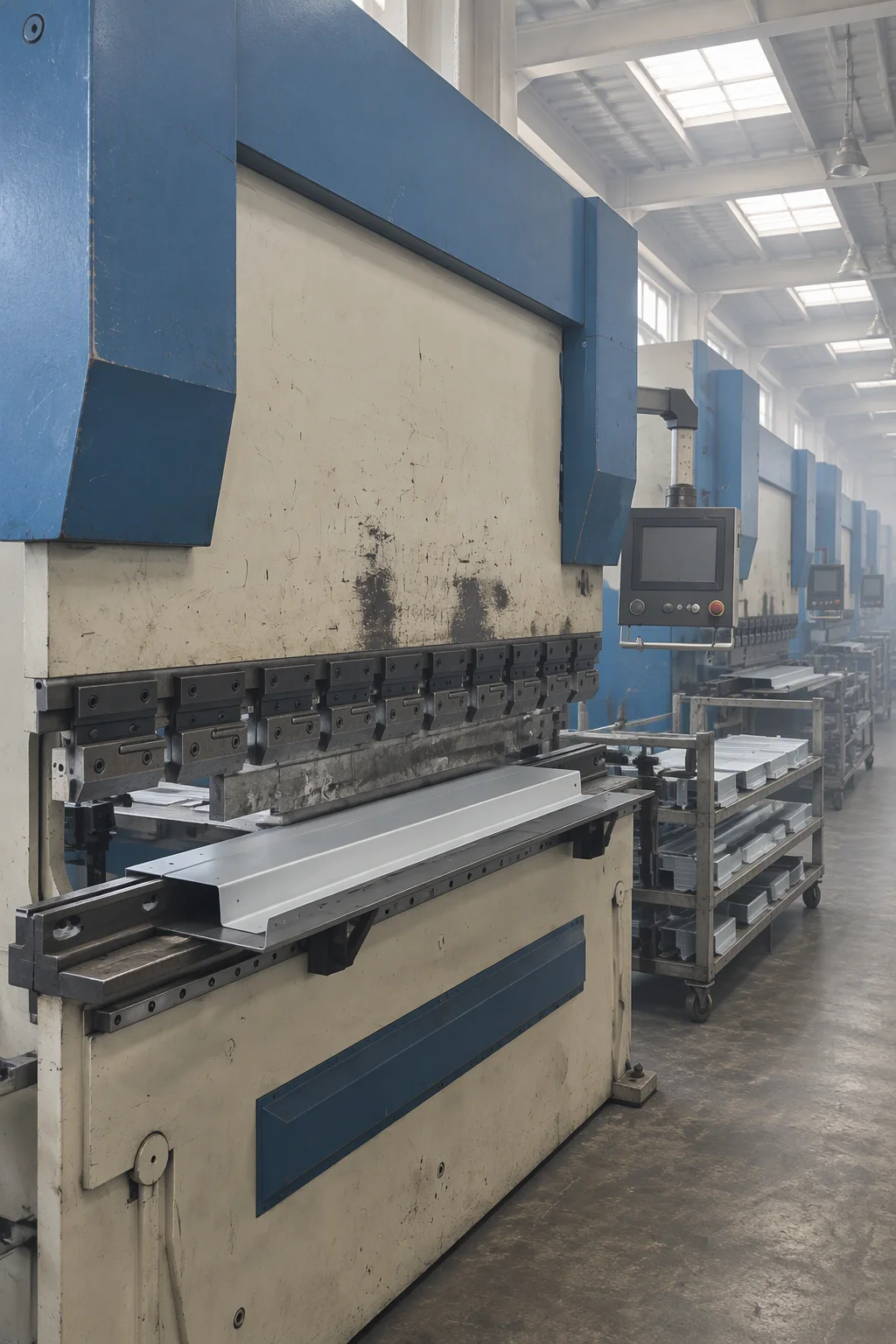 A CNC press brake forming a sheet-steel panel in the Shijiazhuang works, with a stack of cut blanks waiting behind it.