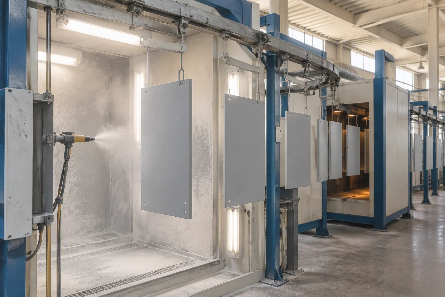 The coating area: a powder spray booth with a suspended conveyor rail carrying freshly coated panels on hooks, an oven mouth behind