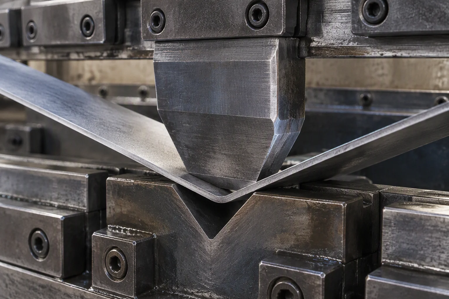 Bending die at the moment of the stroke: the punch descending into the die with a cold-rolled steel sheet bending up from both sides of the tooling