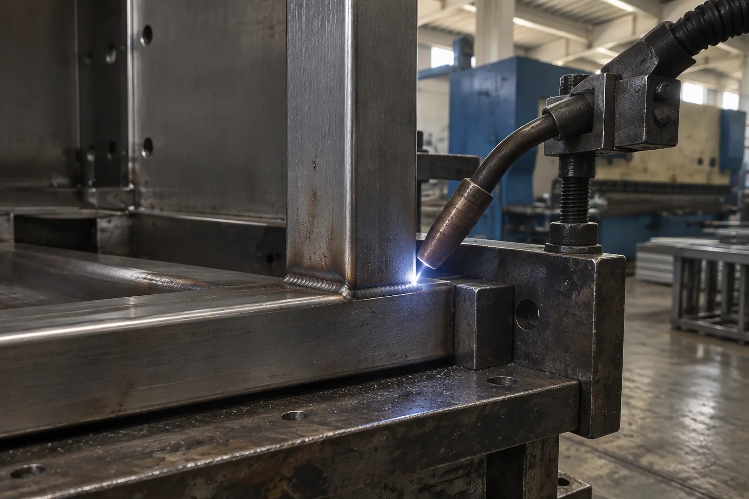 A cabinet base frame clamped square on a steel jig with one continuous weld bead running along the corner joint