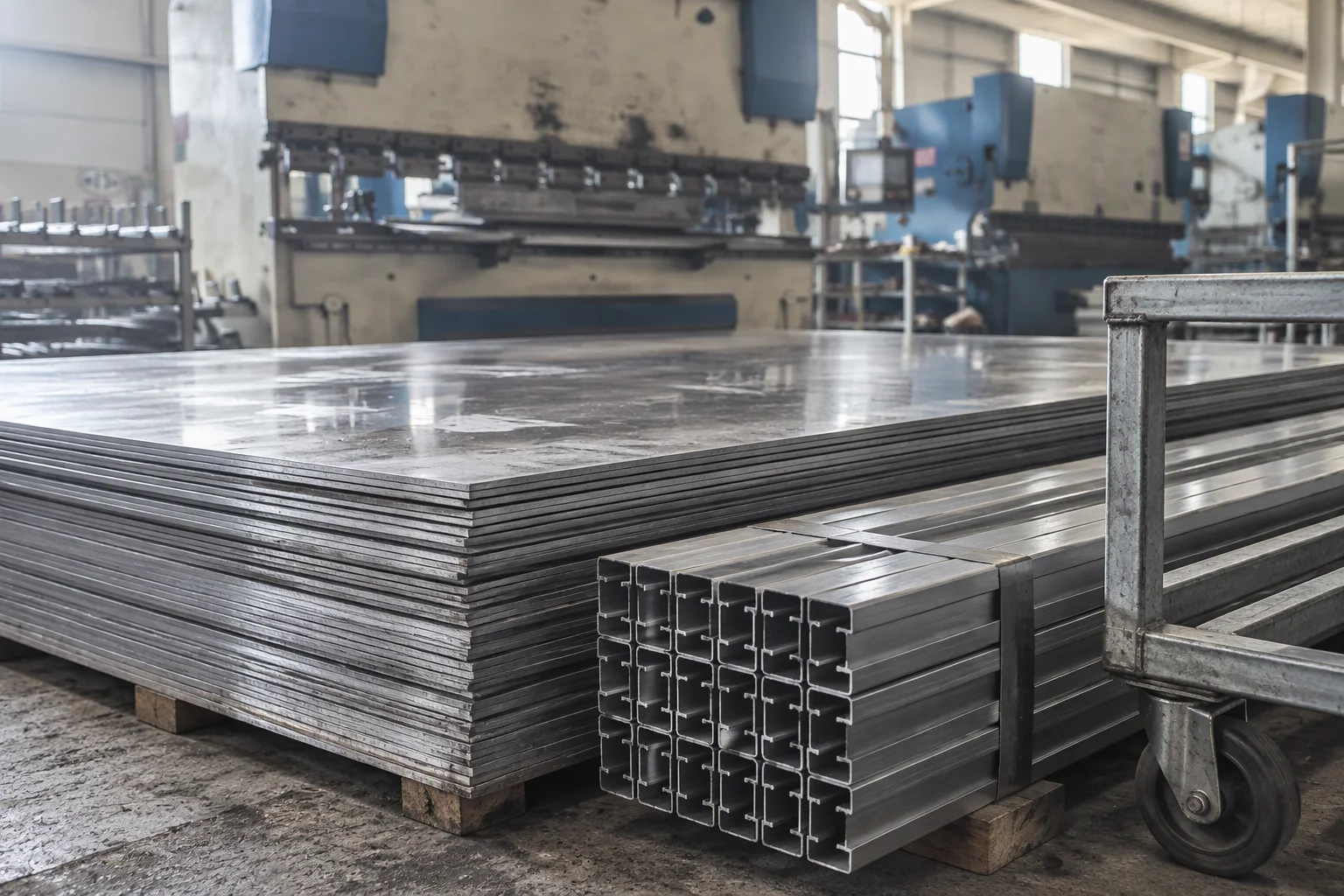 Stacks of bare cold-rolled steel sheet and bundles of extruded section staged on the workshop floor in the foreground, the base of the press brake soft in the background
