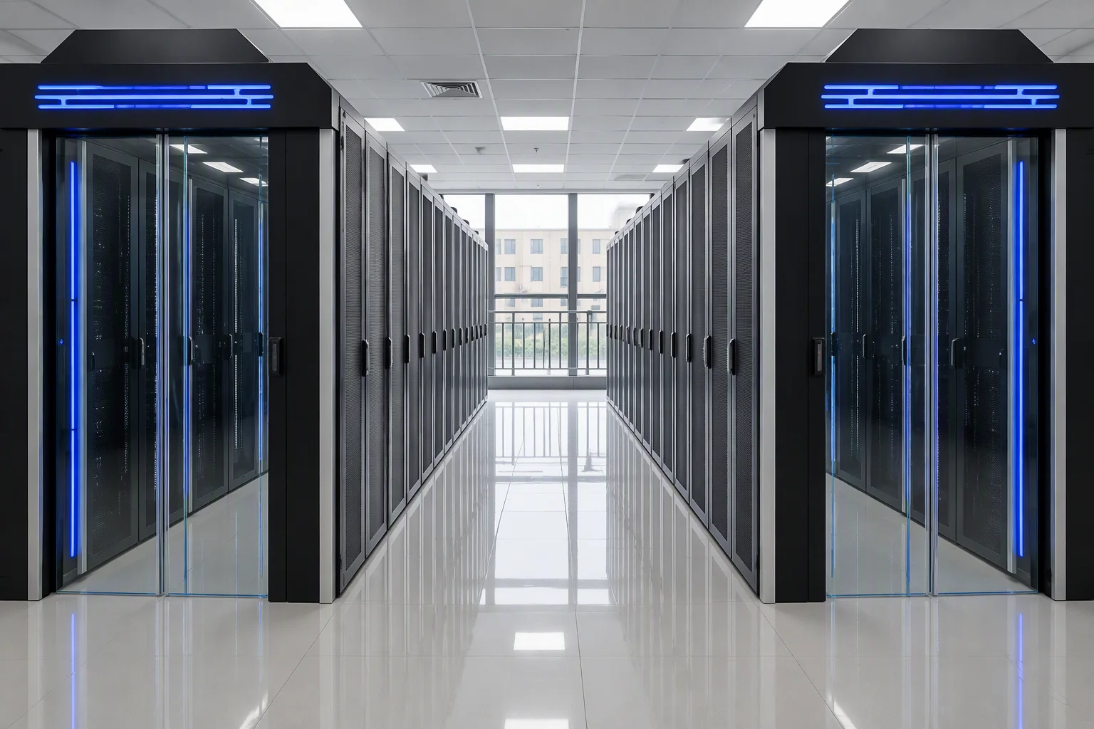 An equipment hall with two contained cabinet rows running parallel and their glass end doors closed