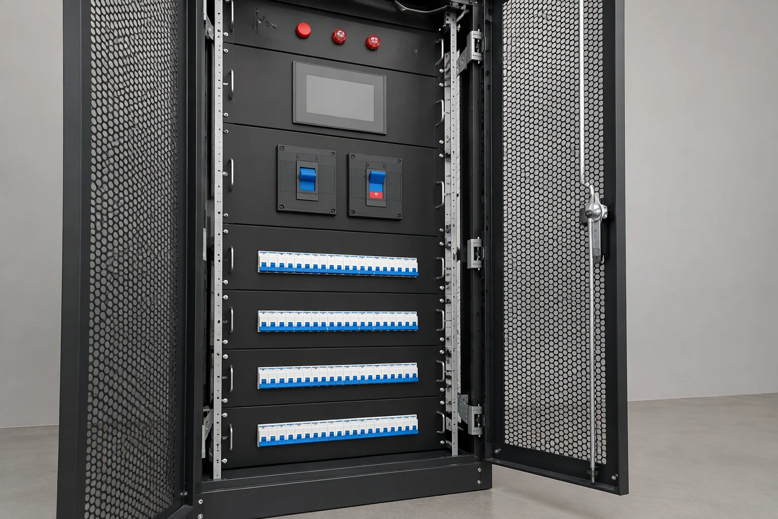 A dark precision column-header distribution cabinet with its door open, rows of miniature breakers stacked behind