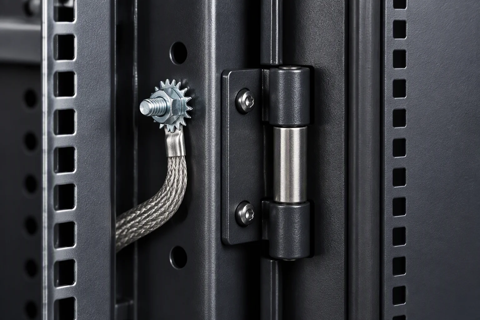 Close detail of a server cabinet frame: the lower hinge stile with the door open, the bare-metal grounding stud and its star washer beside it