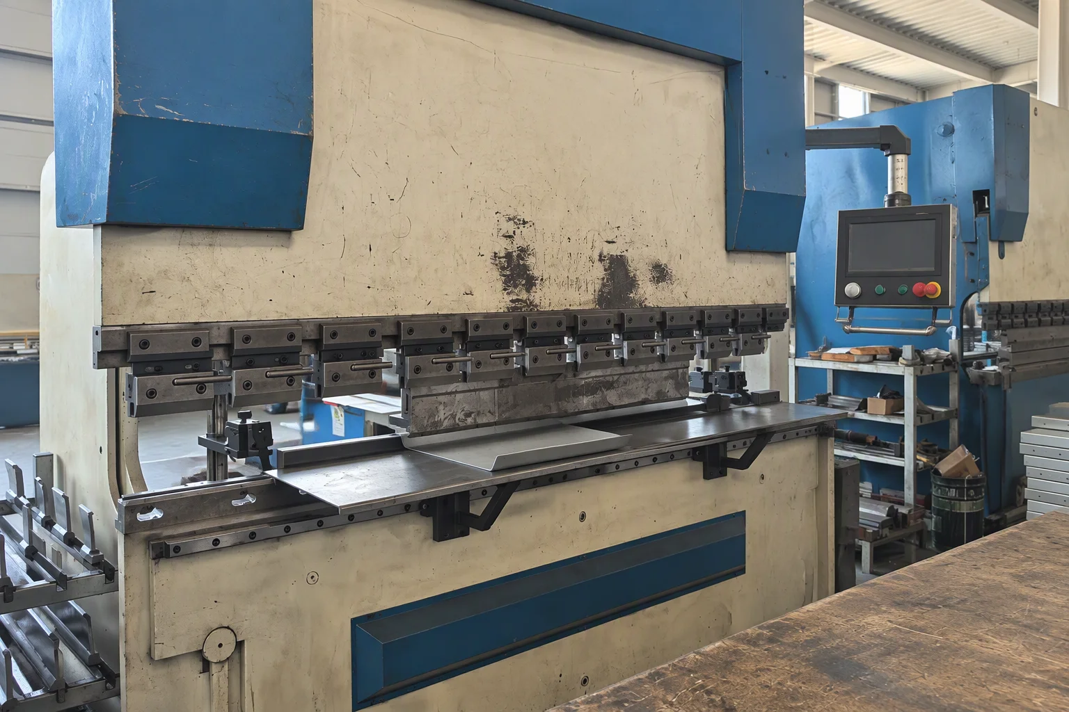 A press brake forming a sheet-metal panel at the bending station, with the tooling and a part-formed sheet on the bed