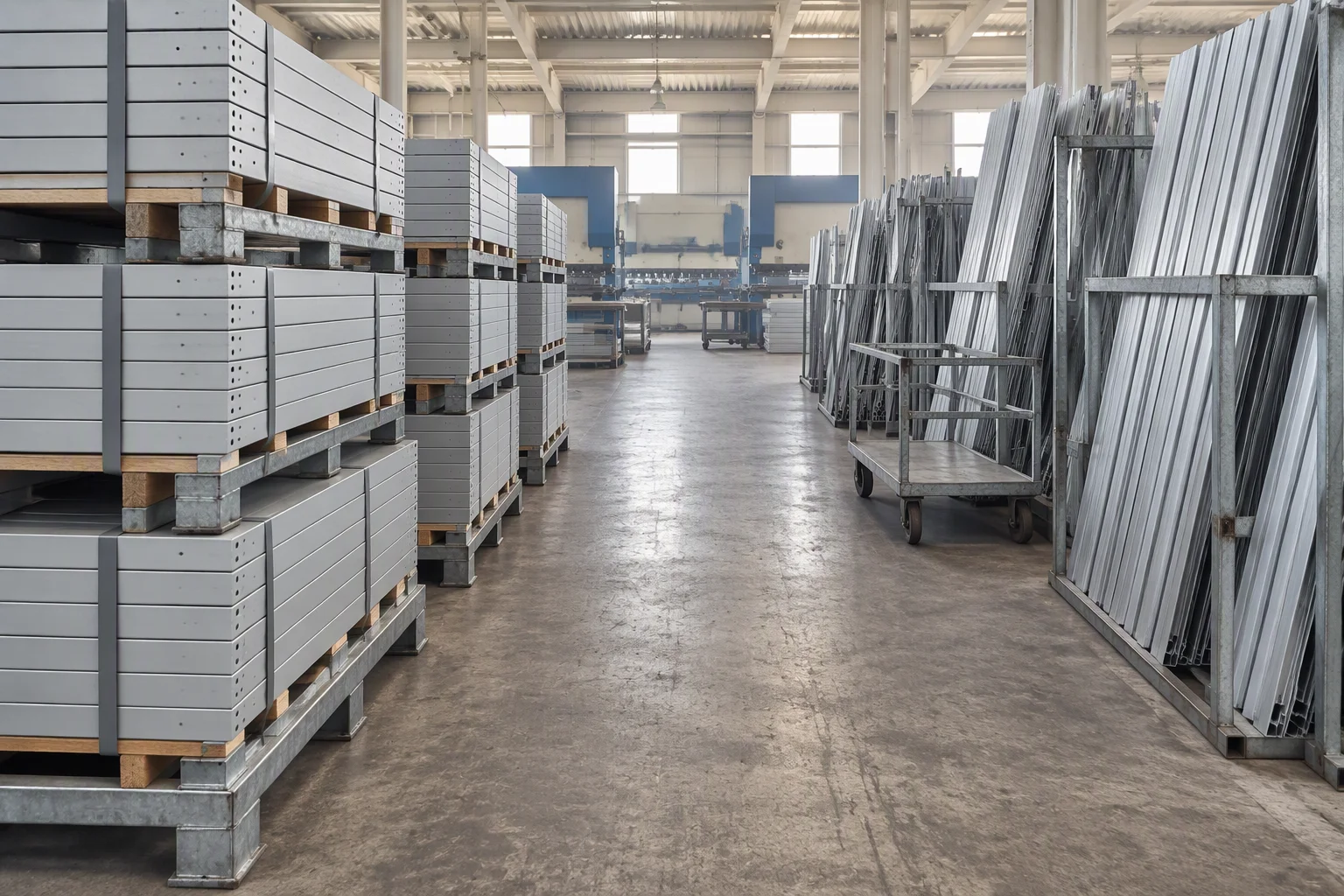 Banded pallets of formed light-grey panels stacked three high beside a clear walkway back to the machine line