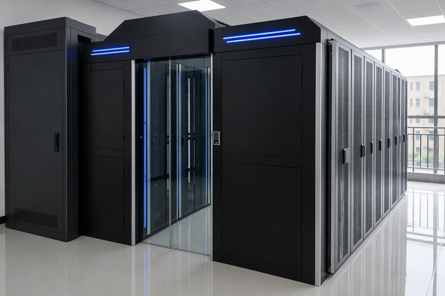 An institutional equipment room: one contained cabinet row along a wall with its glass end door closed, and a floor-standing distribution cabinet at the row end