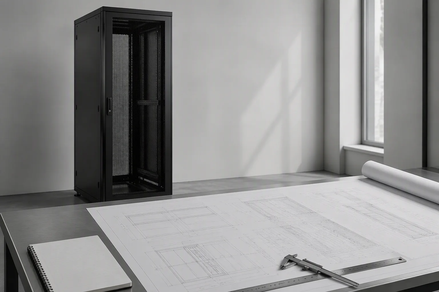 Engineering drawings and notes for sizing a rack by power and weight