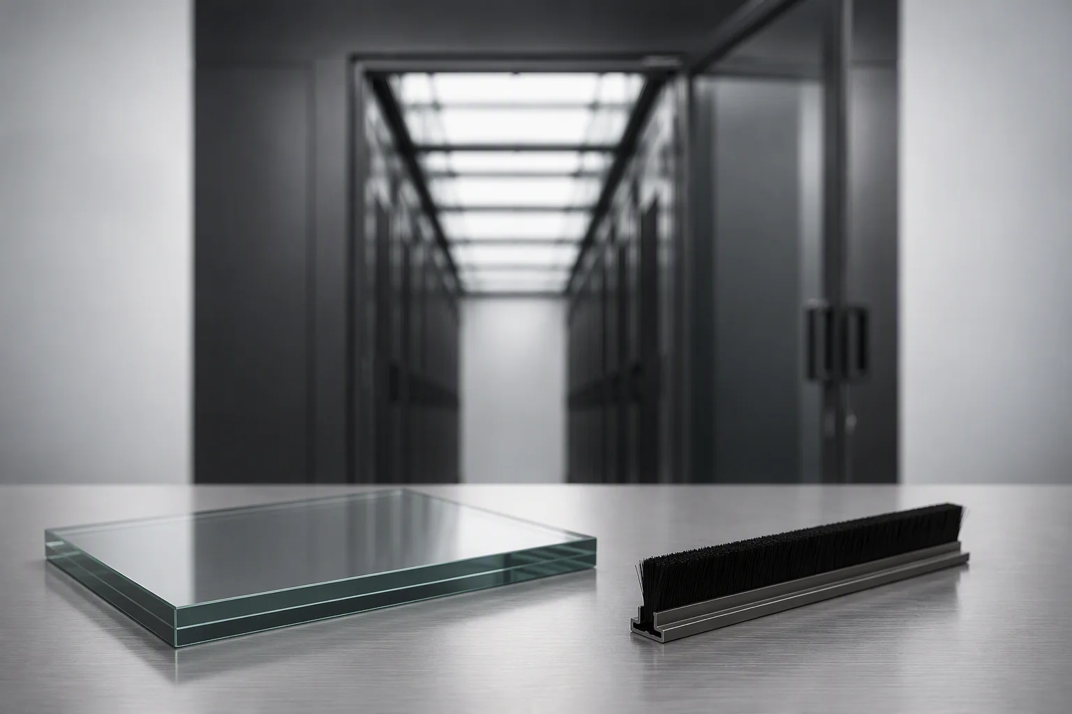 Glass cold aisle containment doors and roof panels viewed down the aisle