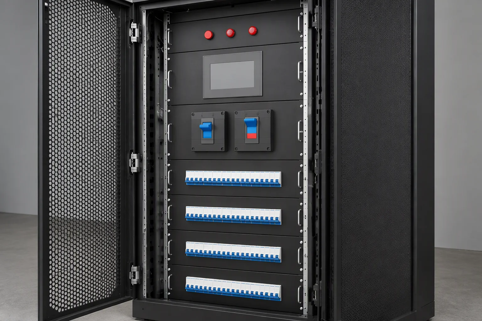 A power distribution cabinet with its door open