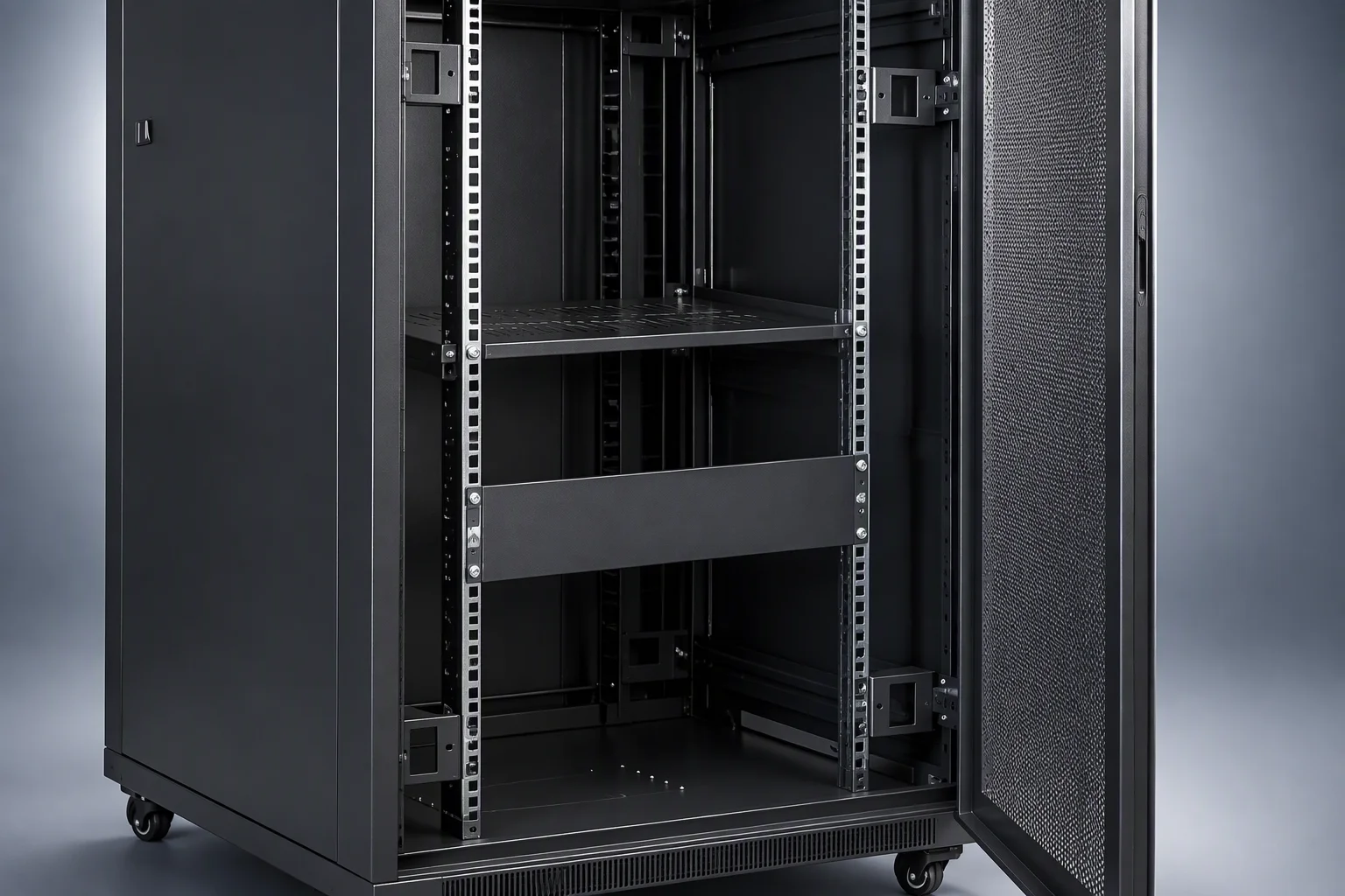 A rack with its front door open, rails visible