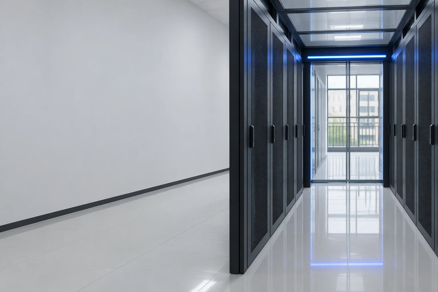 The cold aisle of a working room, roof panel and end door in place, with the rack rows visible through the opening.