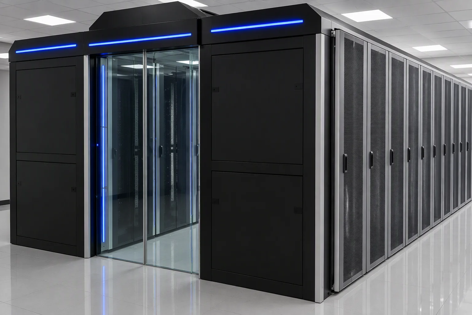 A sealed cold aisle of black server cabinets seen from a step to the side, glass end door closed and the LED fascia running across the door heads