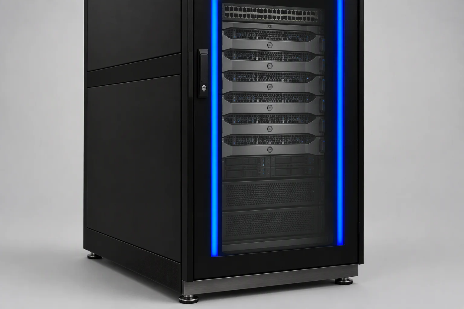 One single-row intelligent cabinet standing alone, blue LED strips down both front edges and a glazed door band