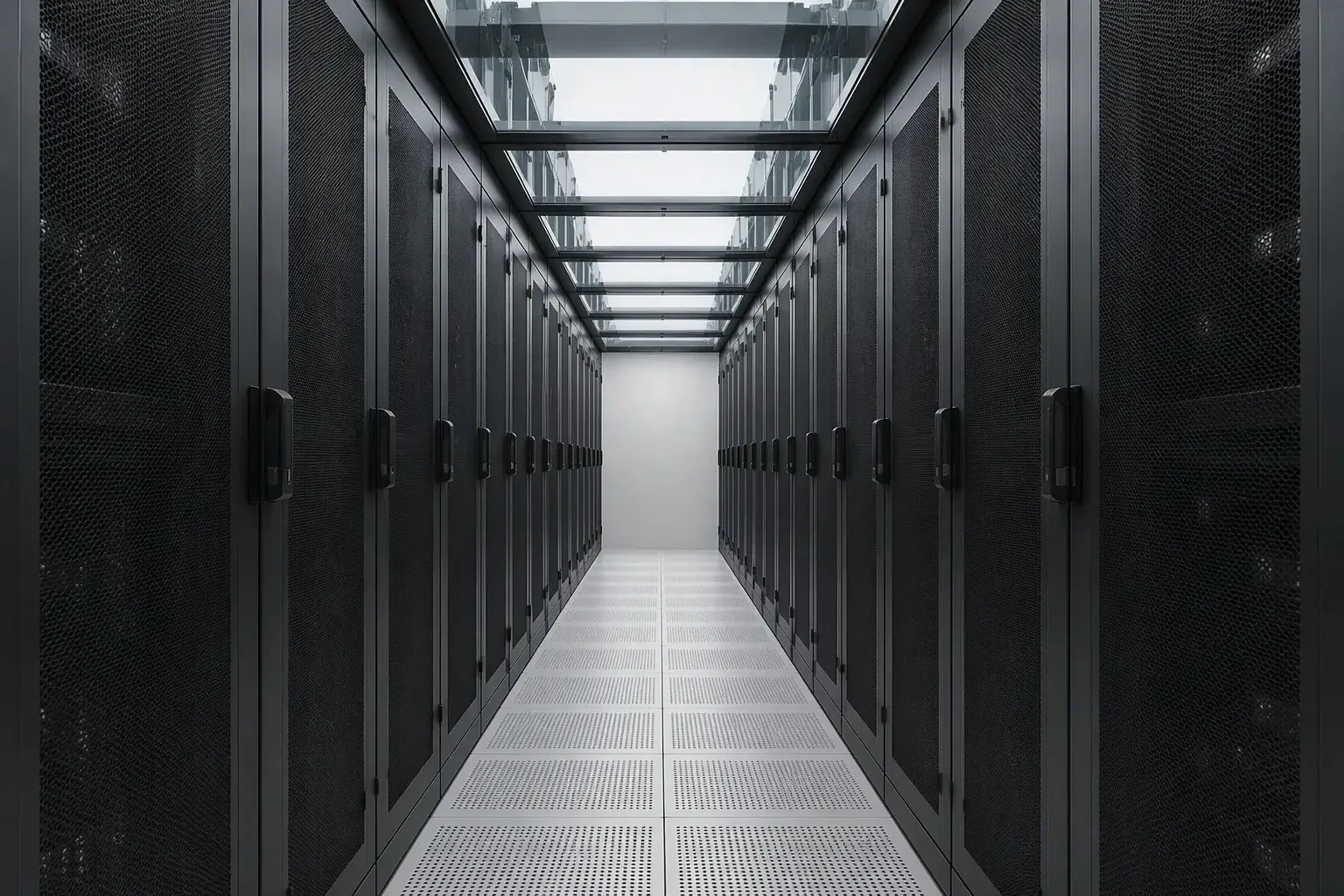 Single row of black AI server racks behind glass cold-aisle doors in a cold-white data hall, symmetrical frontal view