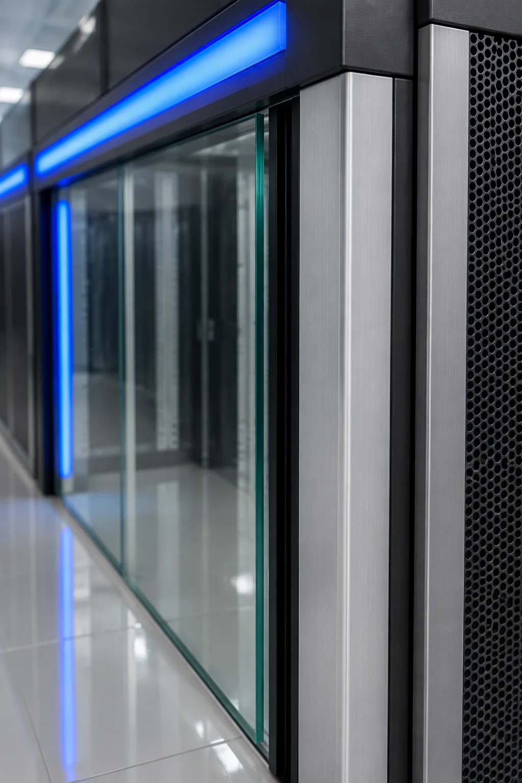 Detail of the aisle end: the anodised door frame, the edge of the sliding glass leaf and the blue LED fascia above it