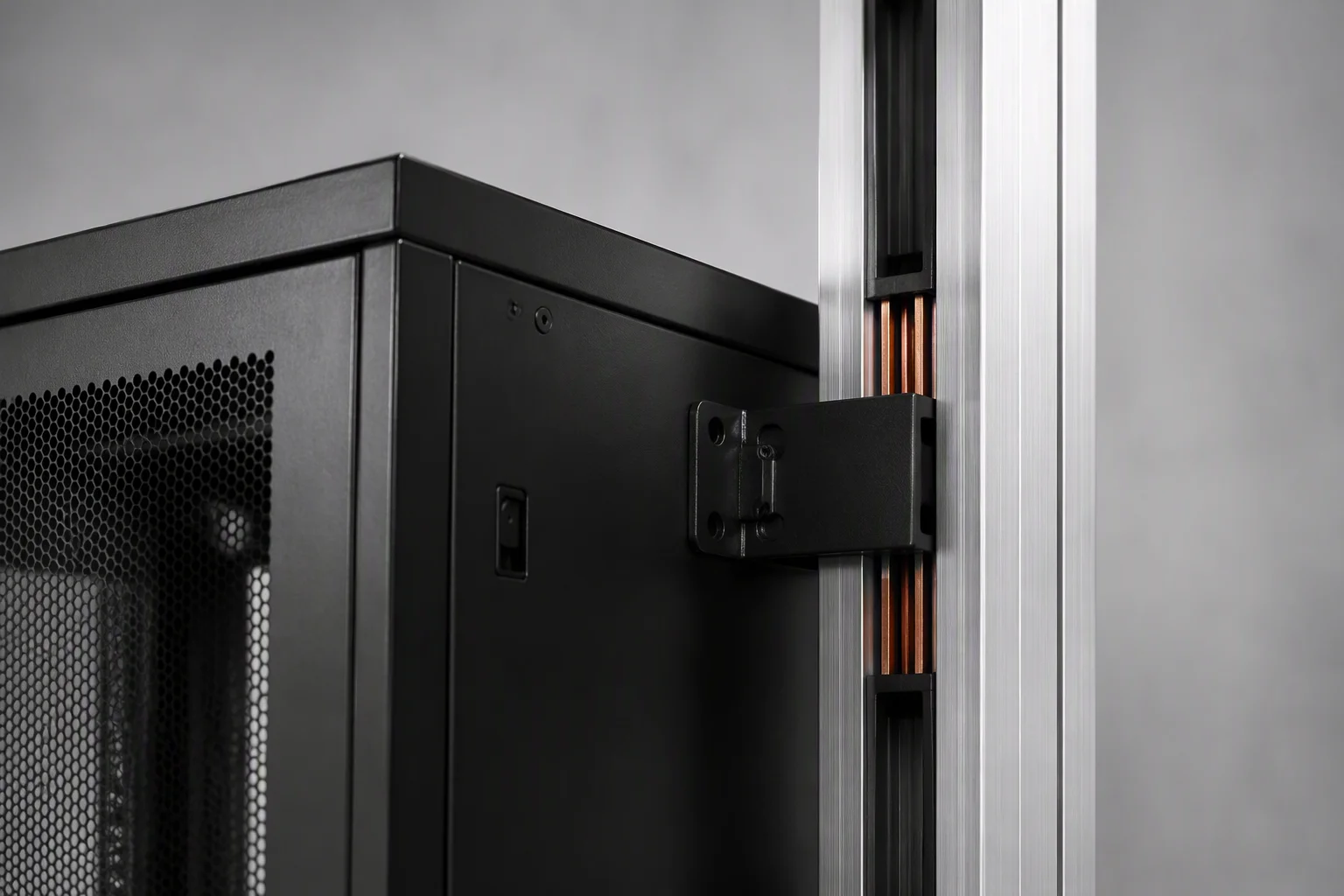 Rack column with overhead busbar trunking and a plug-in tap-off box